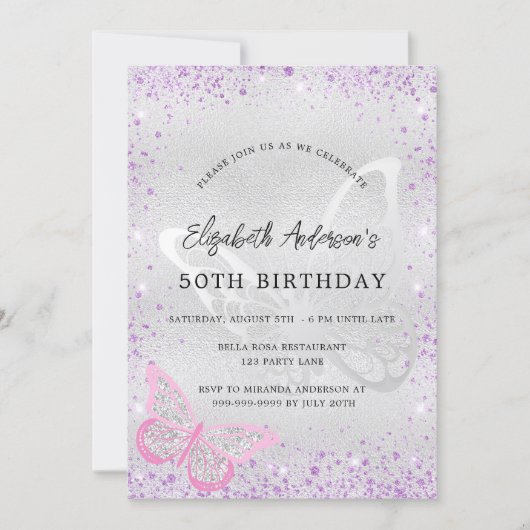 Silberviolett-Schmetterling-Glitzern Einladung (Vorderseite)
