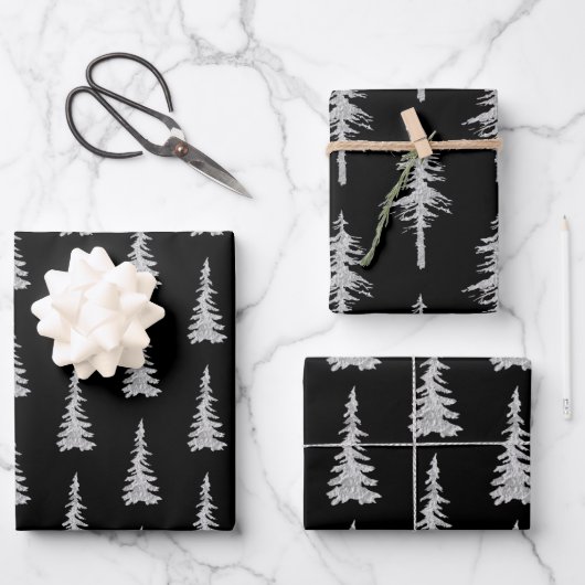 Silberwald-Waldspruce Bäume Wald Schwarz Geschenkpapier Set (Vorderseite)