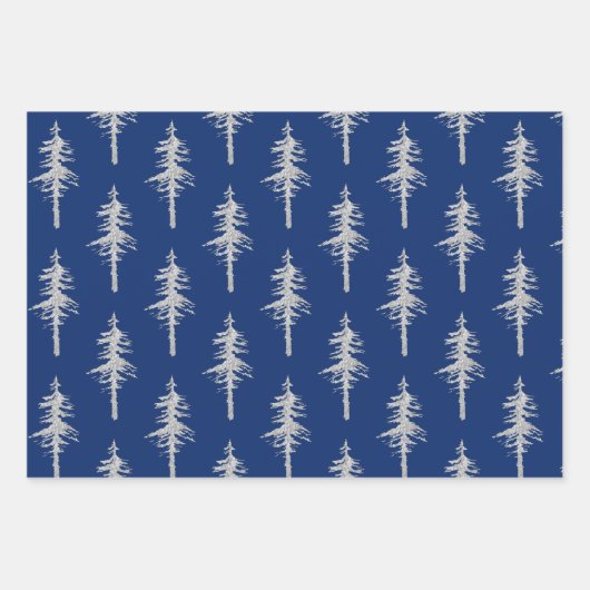 Silberwaldspruce-Bäume auf Navy Blue Geschenkpapier Set (Vorderseite 2)