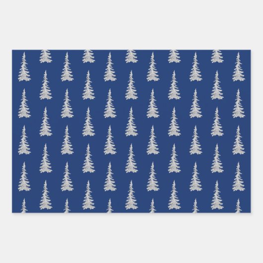 Silberwaldspruce-Bäume auf Navy Blue Geschenkpapier Set (Vorderseite)
