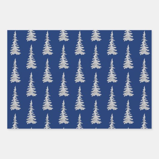 Silberwaldspruce-Bäume auf Navy Blue Geschenkpapier Set (Vorderseite 3)