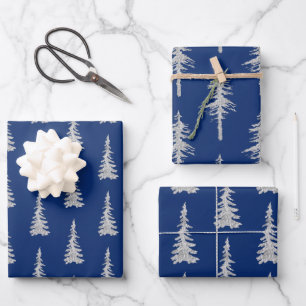 Silberwaldspruce-Bäume auf Navy Blue Geschenkpapier Set