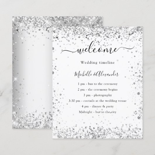 Silberweiß glitzernde elegante Hochzeitsprogramm (Vorne/Hinten)