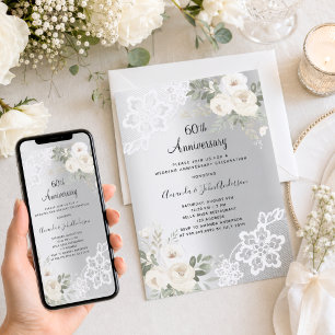 Silberweiße Blumen zum 60. Hochzeitstag Einladung