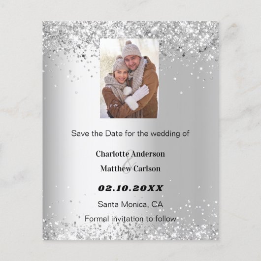 Silberweiße Fotos Save the Date Hochzeit Flyer (Hinten)