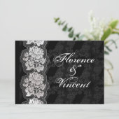 Silberweiße Spitze, schwarzer Damast Hochzeitsempf Einladung (Stehend Vorderseite)