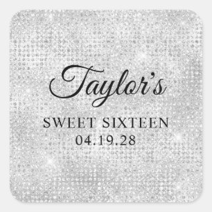 Silberweißer Disco-Glitter Sweet Sixteen Quadratischer Aufkleber
