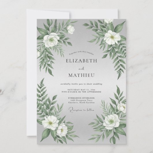 Silberweißes Farn-Hochzeit Einladung (Vorderseite)
