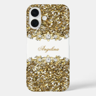 Silberweißes Gold-Faux-Diamant-Juwel-Glitter iPhone 16 Hülle