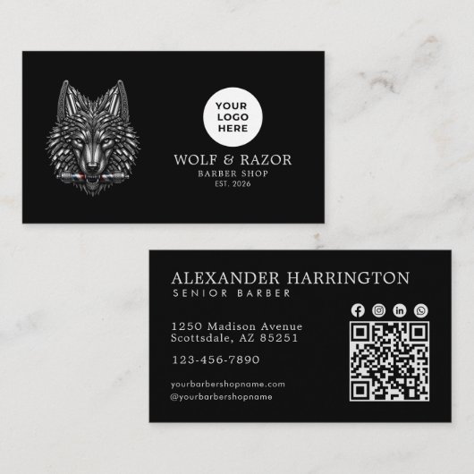 Silberwolf-Profi-Friseur-Shop-Logo-QR-Code Visitenkarte (Vorne/Hinten)
