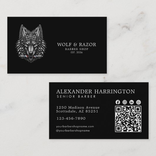 Silberwolf-Profi-Friseursalon-QR-Code Visitenkarte (Vorne/Hinten)
