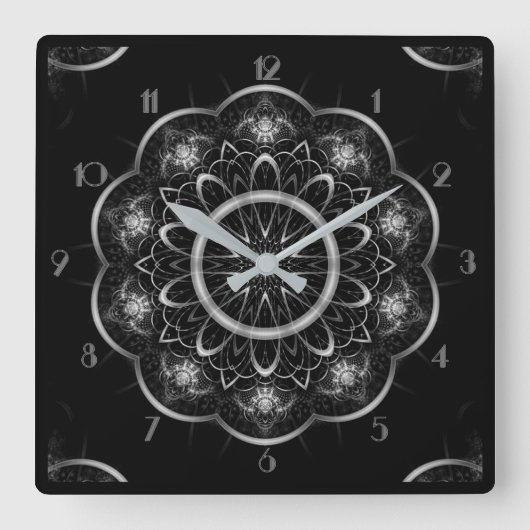 Silbrige mit Filigran geschmückte Mandala Quadratische Wanduhr (Vorderseite)