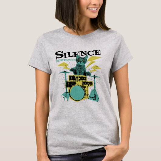 Silence Destroyer Niedlich Cat Playing Drums T-Shirt (Vorderseite)