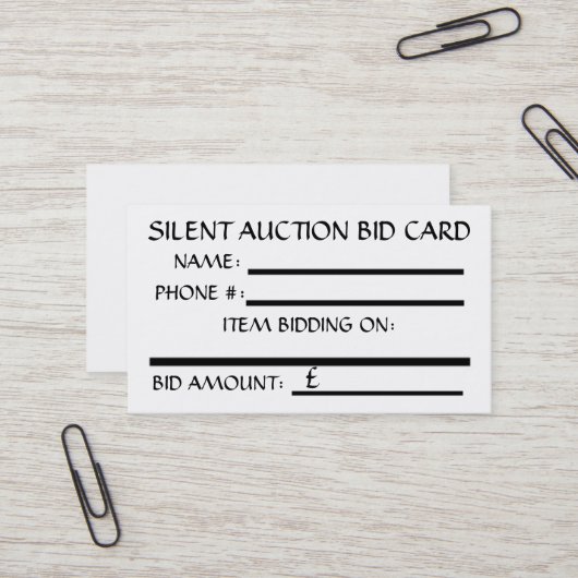 Silent Auction Bid Card (White) BRITISH POUND Visitenkarte (Vorderseite/Rückseite Beispiel)