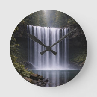 Silent Forest Waterfall – Calm Nature Landscape Runde Wanduhr