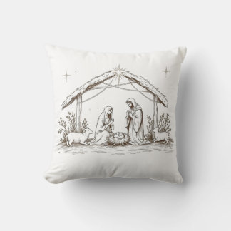"Silent Night Nativity – Sepia Sketch Throw Pillow Kissen