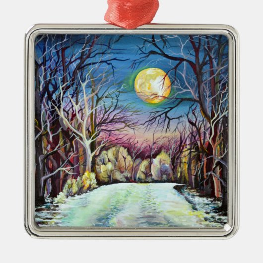 Silent Night Winter Full Moon in Schweden Silbernes Ornament (Vorne)