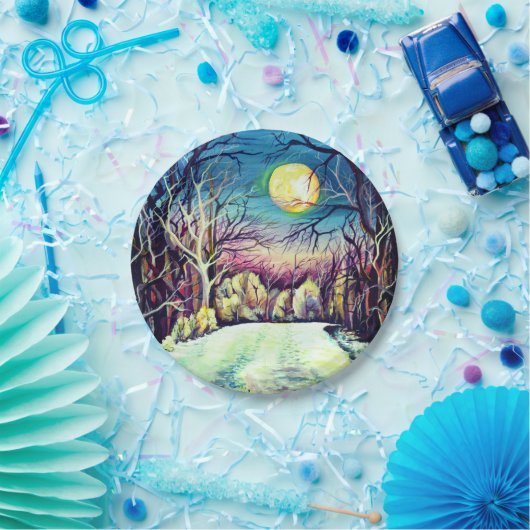 Silent Night Winter Full Moon Pappteller (Party)
