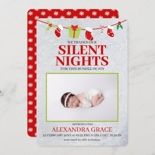 Silent Nights Bundle Joy Foto Weihnachten Geburtst Ankündigung (Vorne/Hinten)