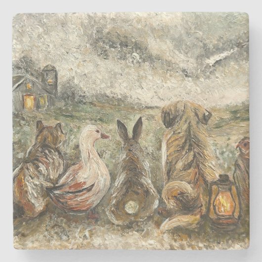 Silent Watching Whimsical Farmhouse Animals  Steinuntersetzer (Vorderseite)