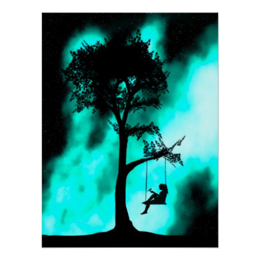Silhouette Baum Swing Girl Galaxy Glossy Poster (Vorderseite)