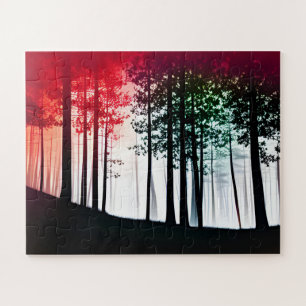 Silhouette Bäume in einem Foggy Forest Red Mist Puzzle