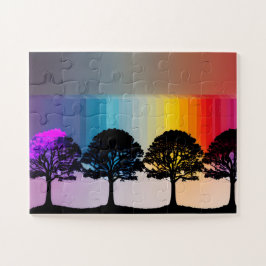 Silhouette Bäume mit Lila Blätter Regenbogenwand Puzzle