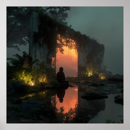 Silhouette Before Fiery Ruin Sunset Poster (Vorne)