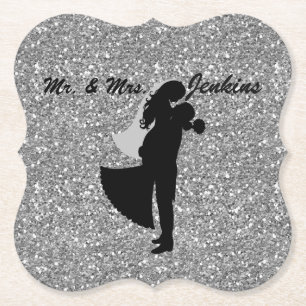 Silhouette Bridge & Groom Silver Imitats Glitzer Untersetzer