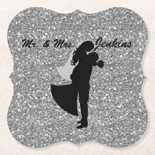 Silhouette Bridge & Groom Silver Imitats Glitzer Untersetzer (Vorderseite)