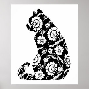 Silhouette Cat Blume Muster Katze Lover, Katzenbes Poster