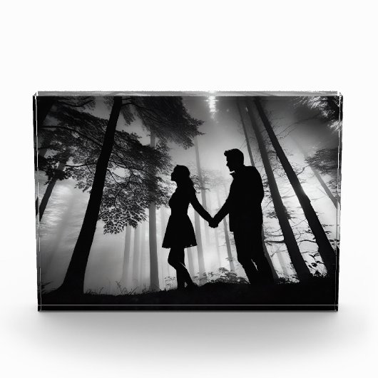 Silhouette Couple Beach Sunset Liebe Schwarz & Wei Fotoblock (Vorderseite)