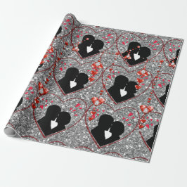 Silhouette Couple Red Heart Droplets Silver Geschenkpapier