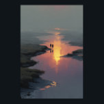 Silhouette Couple Sunset Stream Reflection Poster<br><div class="desc">Two silhouetted figures hold hands as they walk along a shallow stream bathed in the last warm light of sunset. The sky burns in peach, rose, and deep orange, perfectly mirrored on the still water below, while soft mist and tall grasses fade into cool gray-blue distance. Delicate rays of golden...</div>