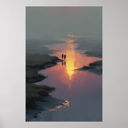 Silhouette Couple Sunset Stream Reflection Poster (Vorne)