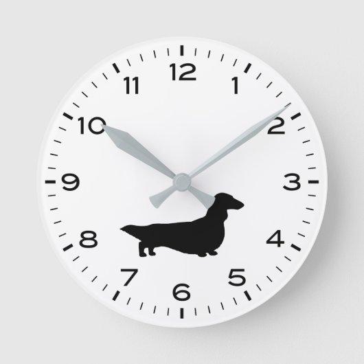 Silhouette-Dackel-Hund mit langhaariger Dackel Runde Wanduhr (Vorderseite)