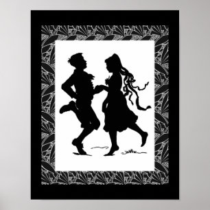 Silhouette Dancing Girl and Boy Art Poster