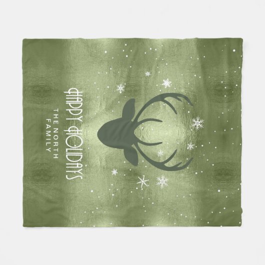 Silhouette der Hirschgeweihe und Schneeflocken Grü Fleecedecke (Vorderseite (Horizontal))