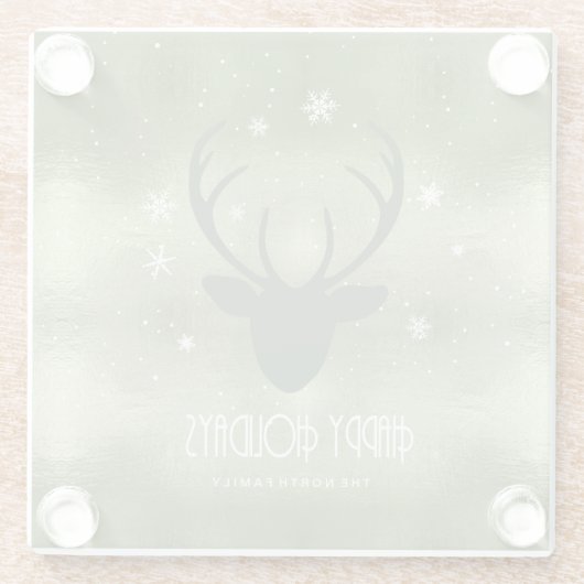 Silhouette der Hirschgeweihe und Schneeflocken Grü Glasuntersetzer (Rückseite)