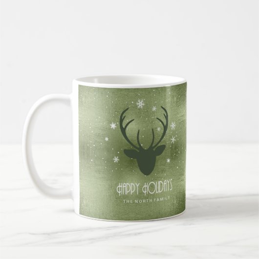 Silhouette der Hirschgeweihe und Schneeflocken Grü Kaffeetasse (Links)
