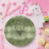 Silhouette der Hirschgeweihe und Schneeflocken Grü Pappteller (Party)