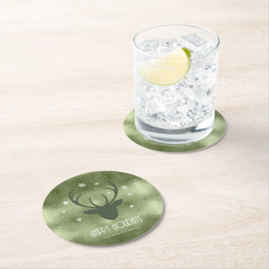 Silhouette der Hirschgeweihe und Schneeflocken Grü Runder Pappuntersetzer (Vor Ort)