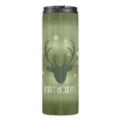 Silhouette der Hirschgeweihe und Schneeflocken Grü Thermosbecher (Rückseite)