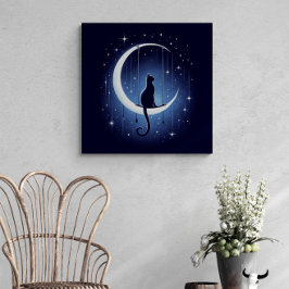 Silhouette der Katze, die vom Mond des Halbmondes  Leinwanddruck