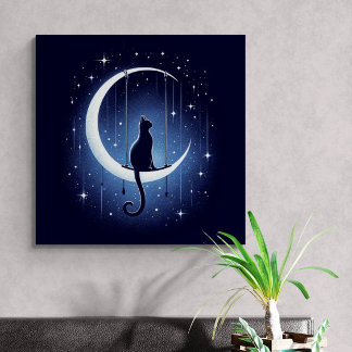 Silhouette der Katze, die vom Mond des Halbmondes Leinwanddruck