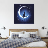 Silhouette der Katze, die vom Mond des Halbmondes Leinwanddruck (Insitu (Schlafzimmer))