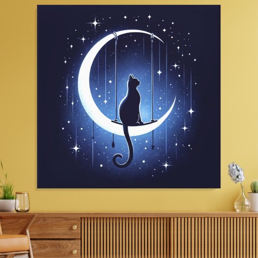 Silhouette der Katze, die vom Mond des Halbmondes  Leinwanddruck (Insitu (Wohnzimmer))