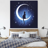 Silhouette der Katze, die vom Mond des Halbmondes Leinwanddruck (Insitu (Schlafzimmer))