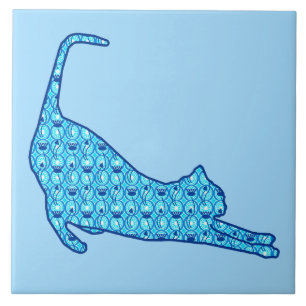 Silhouette der Katze in einem blauen Lotus-Muster Fliese