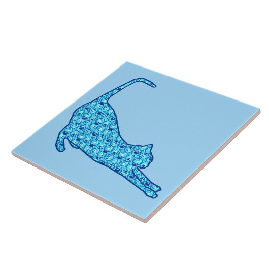 Silhouette der Katze in einem blauen Lotus-Muster Fliese (Seite)